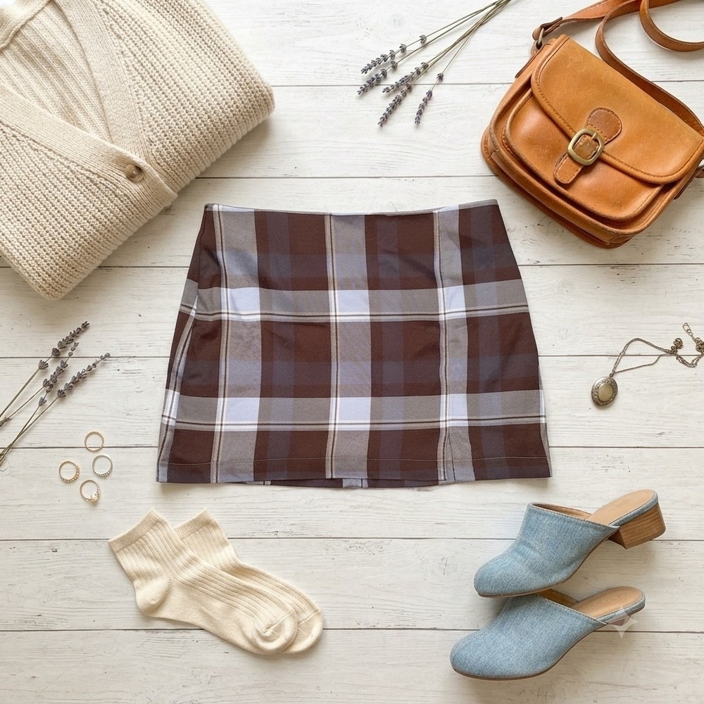 Abound Brown Blue Plaid Mini Skirt Side Slit Academic Preppy L